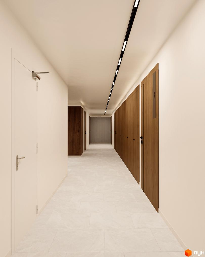 Коридор новобудови ЖК Dnipro Island з дерев'яними дверима та світлою плиткою на підлозі. Сучасне освітлення вздовж стелі.