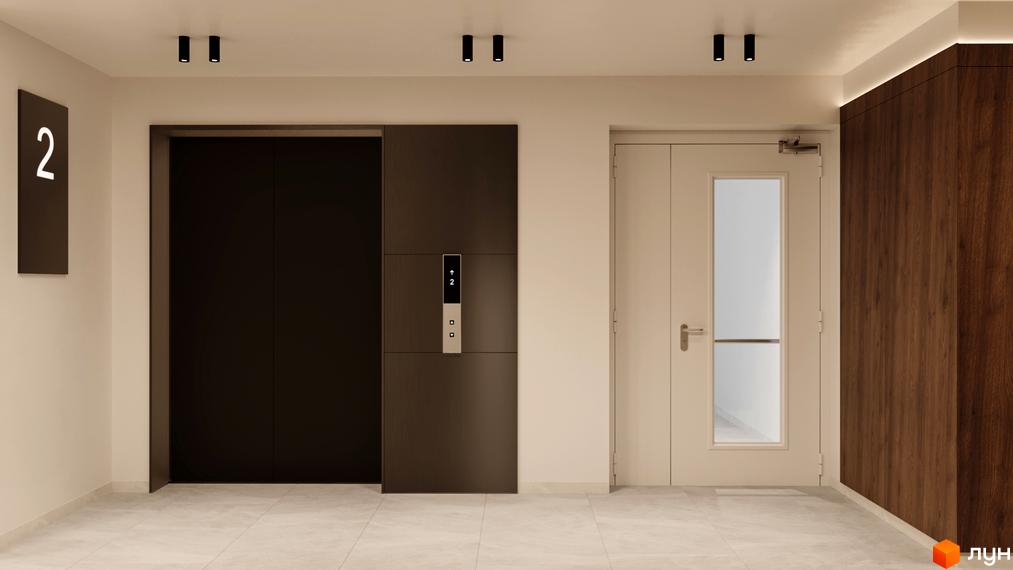 Житловий комплекс Dnipro Island: вхідна група з дверима та ліфтом. Сучасний дизайн інтер'єру з дерев'яними елементами та підсвіткою.