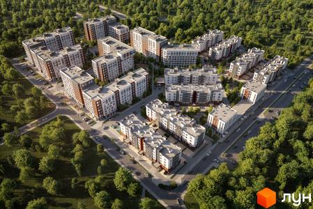 Житловий комплекс Dobre Misto – це сучасна забудова з багатоповерхових будинків з цегляним та сірим фасадом, розташована серед зелених дерев. Територія комплексу має доглянуті газони та дороги з припаркованими автомобілями.