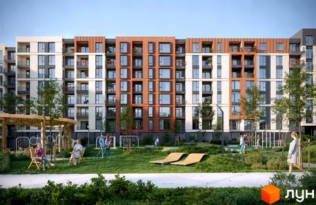 Житловий комплекс SVOÏ CITY з фасадами з білої штукатурки та цегли, з балконами та великими вікнами. Прибудинкова територія з зеленими зонами, лаунж-зоною та дитячим майданчиком.