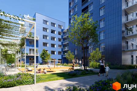 Житловий комплекс Курдонери з синіми фасадами та дитячим майданчиком. На території розташовані зелені зони та місця для відпочинку.