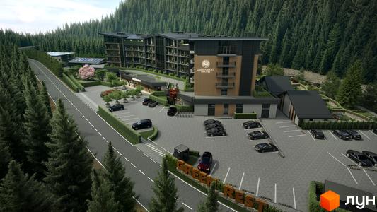 Зовнішній вигляд готелю Green Rest Hotel & Spa, розташованого серед лісу, з парковкою та дорогою. Оточений зеленню та деревами.