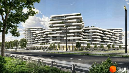 Житловий комплекс CONTINENT RIVER PARK з білими фасадами та терасами, що виступають, з зеленими насадженнями. Перед комплексом дорога та зелена зона.