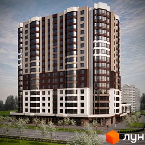 Зовнішній вигляд новобудови на вул. Сержанта Жужоми, 1, з прибудинковою територією та дорогою.