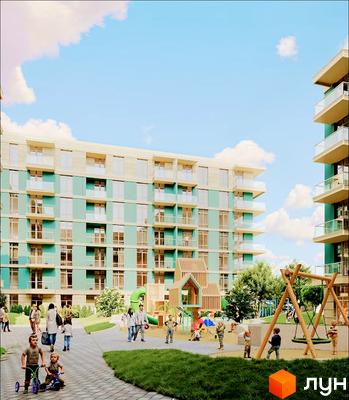 Житловий комплекс 44 Avenue з бірюзовими фасадами та балконами, дитячим майданчиком та зонами відпочинку. Сучасний житловий комплекс для комфортного життя.