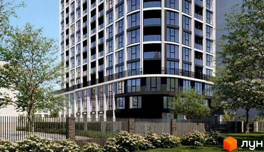 Зовнішній вигляд новобудови ЖК Lake Park з панорамними вікнами та балконами, оточеної деревами та огородженою територією з кущами.