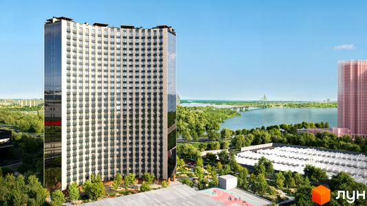 Новобудова ЖК BEREG Residence з скляним фасадом та балконами, поруч річка, міст та зелена зона відпочинку.