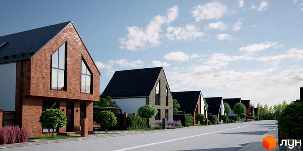 Котеджне містечко КМ ArtHomes: цегляні будинки з темними дахами та великими вікнами, доглянута прибудинкова територія з деревами та квітами.