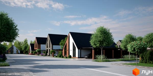 Котеджне містечко ArtHomes: фасади будинків з темними дахами та цегляними елементами, зелені дерева та доглянута прибудинкова територія.