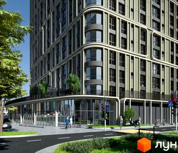 Житловий комплекс Акварелі: фасад будівлі з виступаючими елементами та скляним першим поверхом, зелена прибудинкова територія з пішохідними доріжками та зонами відпочинку.