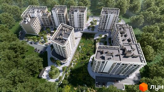 Новобудова ЖК ШЕЛЕСТ з білими фасадами та балконами, оточена зеленими деревами та облаштованою прибудинковою територією з парковкою.