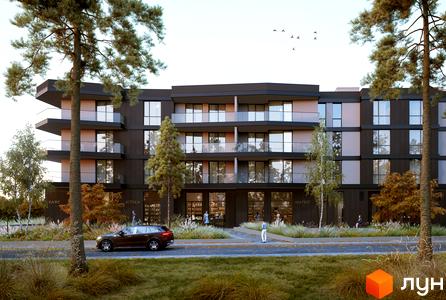 Житловий комплекс Stone Space з темним фасадом, скляними балконами та комерційними приміщеннями на першому поверсі. Навколо будинку зелені насадження та доглянута прибудинкова територія.