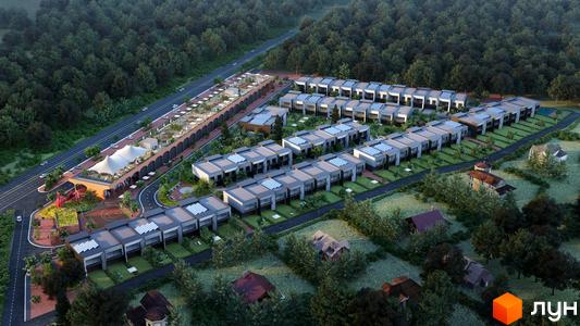 Котеджне містечко КМ Promin: ряди сучасних будинків з сонячними панелями та доглянутою прибудинковою територією, оточені лісом.