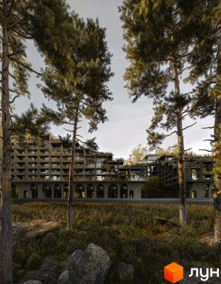 Житловий комплекс Son Daven з кам'яним цоколем та балконами, оточений деревами та зеленню. Зовнішній вигляд будівлі з багатоповерховими секціями.