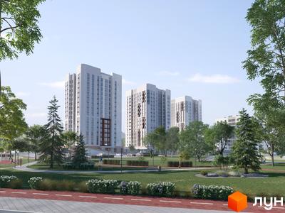 Житловий комплекс Одеса Сіті: висотні будинки з білими фасадами та коричневими елементами, зелена прибудинкова територія з деревами та кущами, доріжки для прогулянок та велосипедів.