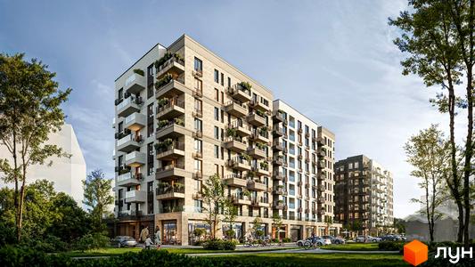 Житловий комплекс Atmosfera Premium з балконами та зеленню, що виходить на доглянуту прибудинкову територію з деревами та місцями для паркування.