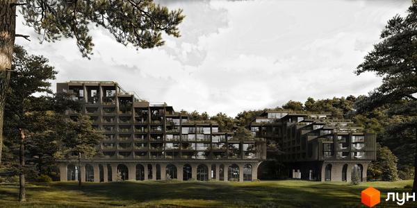 Житловий комплекс Son Daven в оточенні лісу, з терасами та скляними фасадами, розташований на зеленій галявині.