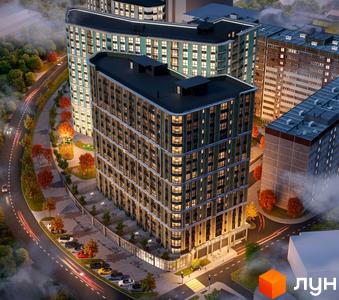 Житловий комплекс Акварелі: багатоповерхові будинки з вигнутими фасадами та панорамними вікнами, освітлена прибудинкова територія з деревами та дорогою.