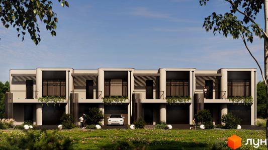 Котеджне містечко КМ Sofia Village. Сучасні таунхауси з гаражами та балконами, оточені зеленню та квітучим газоном.