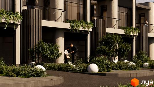 Котеджне містечко КМ Sofia Village. Зовнішній вигляд будівель з балконами та рослинністю, прибудинкова територія з деревами та сферичними елементами.