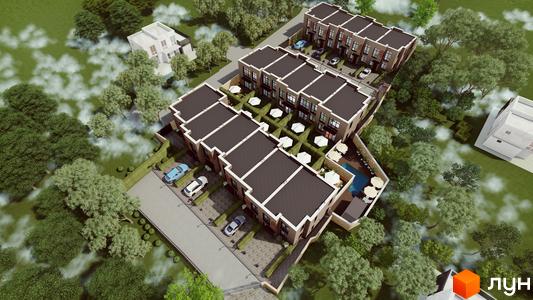 Зображення таунхаусів Garden City з виглядом зверху, видно прибудинкову територію з басейном, парковкою та зеленими насадженнями.