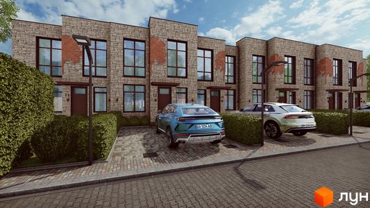 Зовнішній вигляд таунхаусів Garden City з припаркованими автомобілями та зеленими насадженнями на прибудинковій території.