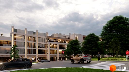 Зовнішній вигляд житлового комплексу Emily Apartments з фасадами з великою кількістю скла та балконами. Навколо будинку розташовані дерева та зелена зона.