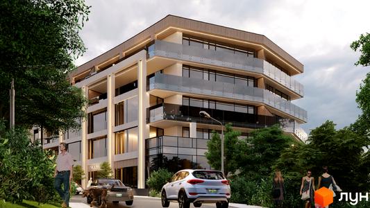 Житловий комплекс Emily Apartments з панорамними вікнами та скляними балконами, оточений зеленню. Поруч дорога з автомобілями та пішохідна зона з людьми.