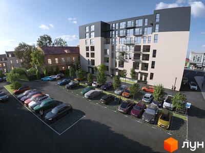 БФК Shevchenka 58a - це житловий комплекс з багатоповерховою будівлею та парковкою для автомобілів. Навколо будинку розташовані дерева та зелені насадження.