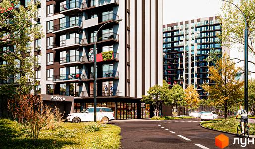 Зовнішній вигляд новобудови ЖК Family Plaza 2 з балконами та вікнами, прибудинкова територія з дорогою, автомобілем та пішоходом на велосипеді.