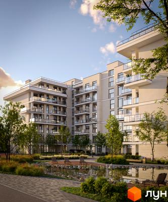 Житловий комплекс Медовий з балконами та панорамними вікнами, упорядкована прибудинкова територія з водоймою та зонами відпочинку.