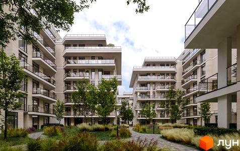 Житловий комплекс Медовий: фасади будівель з балконами та панорамними вікнами, зелена прибудинкова територія з доріжками та лавками.