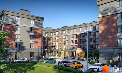 Зовнішній вигляд новобудови Kvartal Soborna з цегляними та сірими фасадами, дитячим майданчиком та парковкою. Сучасний житловий комплекс з озелененою територією.