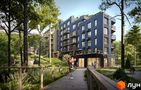 Будівельний проєкт ПІД ЗОРЯМИ: темно-синя багатоповерхівка з балконами серед дерев. Поруч дерев'яний настил та зелена зона.