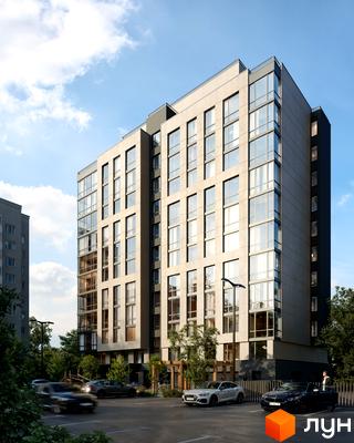 Будівельний проєкт D25 з великими вікнами та світлим фасадом, парковка з автомобілями та зелені насадження навколо.