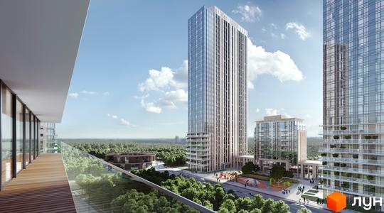 Житловий комплекс Метрополіс - висотні будинки з панорамним склінням та зелена прибудинкова територія з дитячим майданчиком.