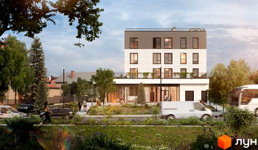 Житловий комплекс Зелена: багатоповерхова новобудова з балконами та великими вікнами, поруч зелена зона з деревами та дорогою.