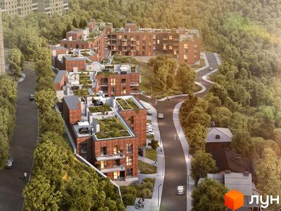 Житловий комплекс ЖК на Лисеницькій з червоної цегли з зеленими терасами та доглянутою прибудинковою територією.