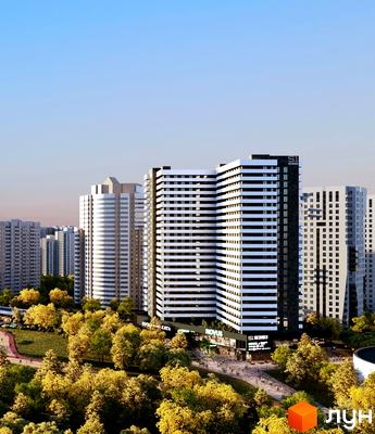 Високоповерховий будинок S1 Позняки з білими та чорними смугами на фасаді. Навколо будинку зелені дерева та доріжки для прогулянок.