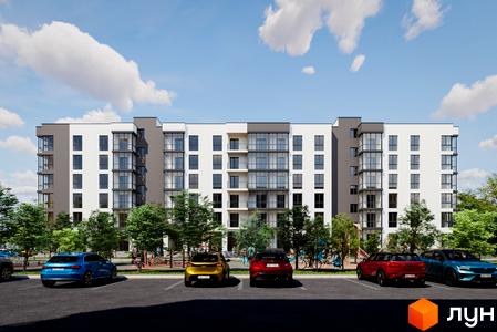 Житловий комплекс Green House Калинів з біло-сірим фасадом та великими вікнами. Перед будинком розташований паркінг та зелена зона з деревами.