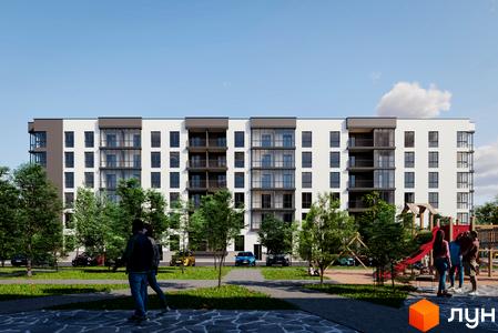 Житловий комплекс Green House Калинів: багатоповерховий будинок з білим фасадом і темними балконами. На території є дерева та дитячий майданчик.