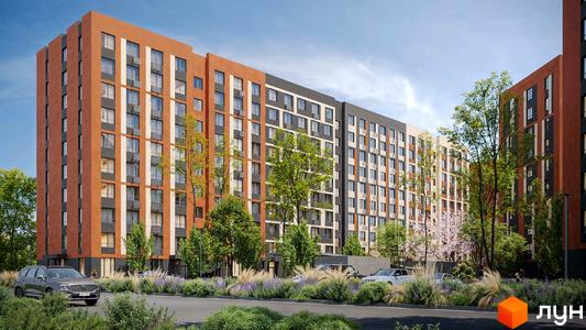 Житловий комплекс Happy 7 з багатоповерховими будинками теракотового, сірого та бежевого кольорів. Навколо зелені дерева, кущі та квіти.