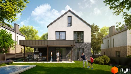 Фасад будинку Котеджного містечка NARVILLE з білим верхнім поверхом, темною цегляною основою та доглянутою прибудинковою територією з газоном і басейном.