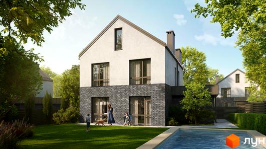 Котеджне містечко NARVILLE: двоповерховий будинок з білим та цегляним фасадом, великими вікнами. Навколо будинку зелений газон, дерева та басейн.