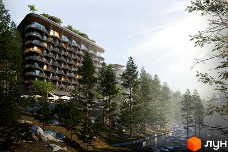 Апарт-комплекс Forrest Resort & SPA: будівля з вигнутим фасадом та балконами, оточена сосновим лісом, з парковкою та терасами.