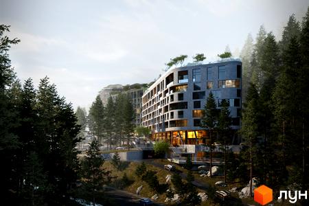 Комплекс Forrest Resort & SPA з вигнутим фасадом та панорамними вікнами серед хвойного лісу. Навколо будинку зелені насадження та дорога.