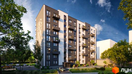 Житловий комплекс Автентика: багатоповерховий будинок з темно-сірим та білим фасадом, прикрашений орнаментом, оточений зеленими деревами та облаштованою територією.