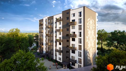 Житловий комплекс Автентика: багатоповерховий будинок з білими та темно-сірими фасадами, прикрашений світлим орнаментом. Прибудинкова територія оточена зеленими деревами.