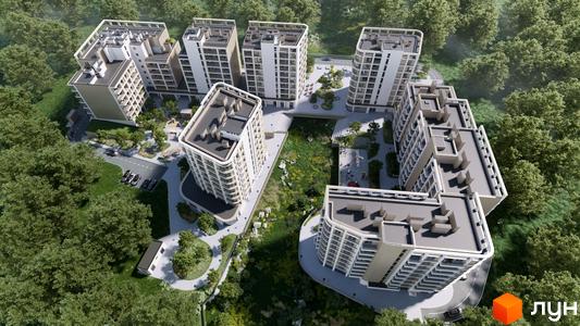 Житловий комплекс ШЕЛЕСТ з багатоповерховими будинками світлих відтінків, розташований серед зелених насаджень з доріжками та дитячими майданчиками.