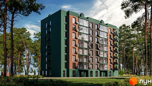 Житловий комплекс AURA з сучасною архітектурою, оточений зеленими насадженнями та прибудинковою територією.